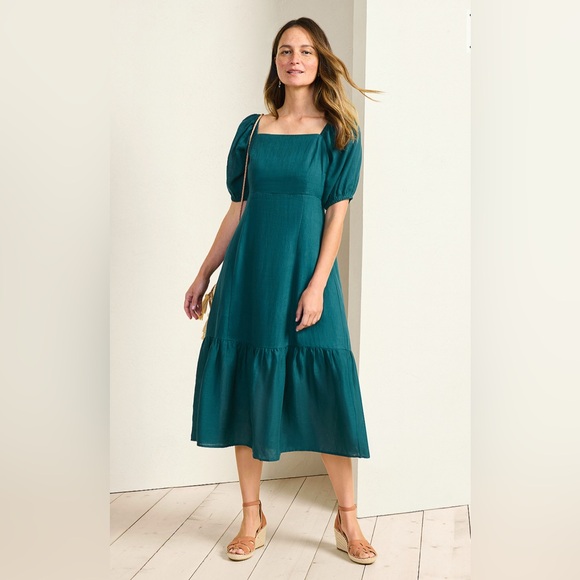Garnet Hill Dresses & Skirts - Garnet Hill Linen Teal Puff Sleeve Midi Dress